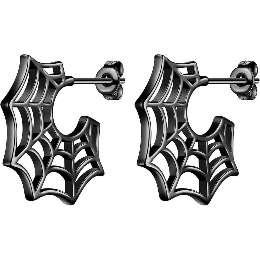 Halloween Spider Stud Earrings Silver/Black Gun Plated Spider Web Dangle Earring